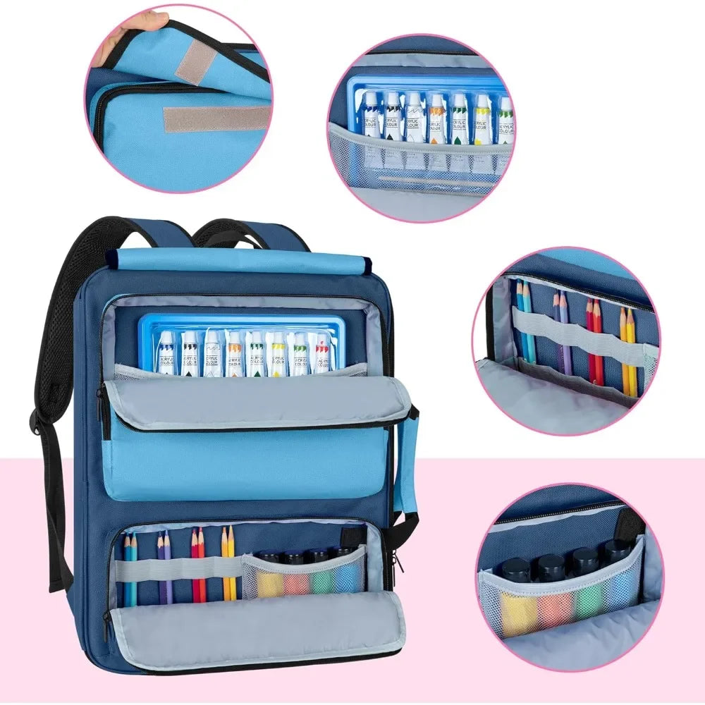 A3 Art Portfolio Case 15 x 18 inches, Artist Travel tote bag Art works and painting supplies, blue