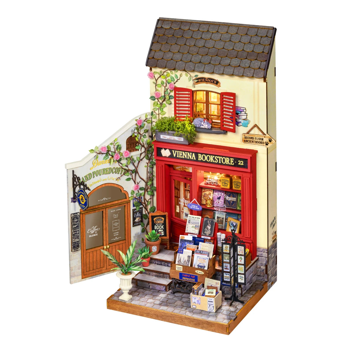 Rolife Wooden 3D Puzzle DIY Miniature House Kit Vienna Bookstore & Aromatic Coffee Cart Model Building Kit with LED Light for Home Decor Gift for Adults Teens
