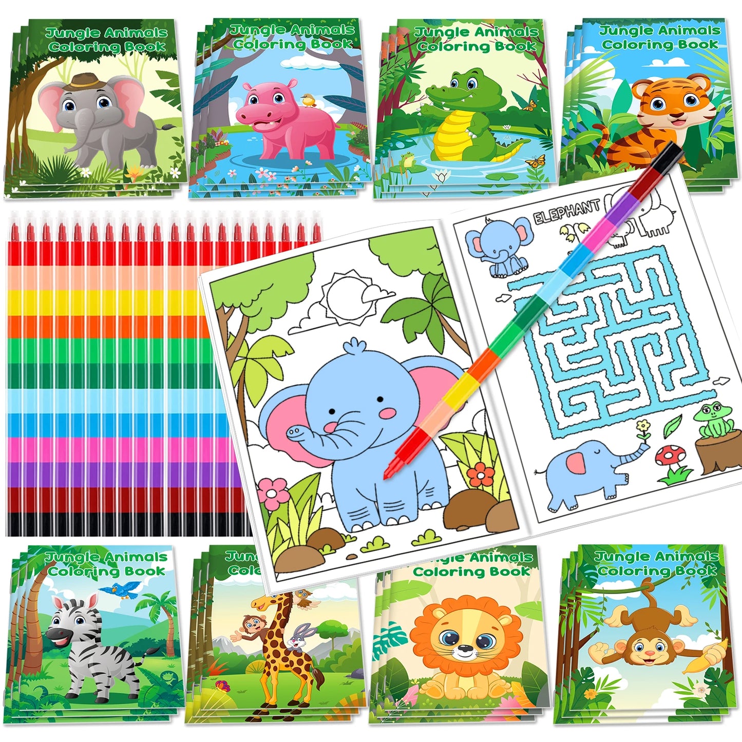 24Pcs Jungle Safari Animals Coloring Books for Kids with 24 Stacking Crayons Mini Coloring Book Party Favors Bulk Gifts Small A