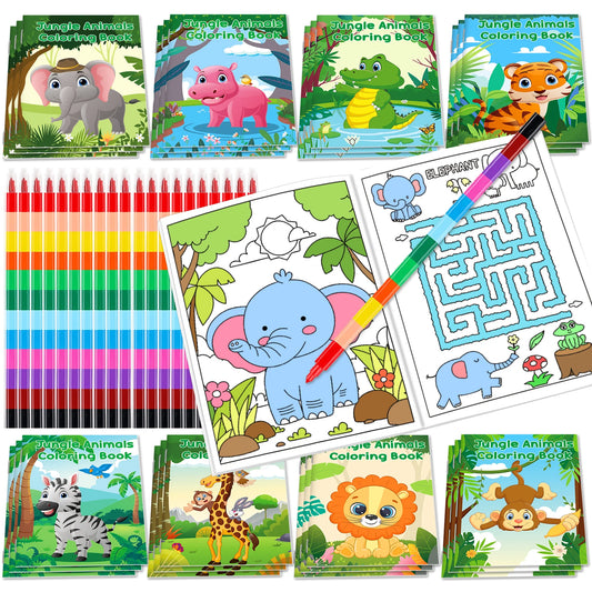 24Pcs Jungle Safari Animals Coloring Books for Kids with 24 Stacking Crayons Mini Coloring Book Party Favors Bulk Gifts Small A