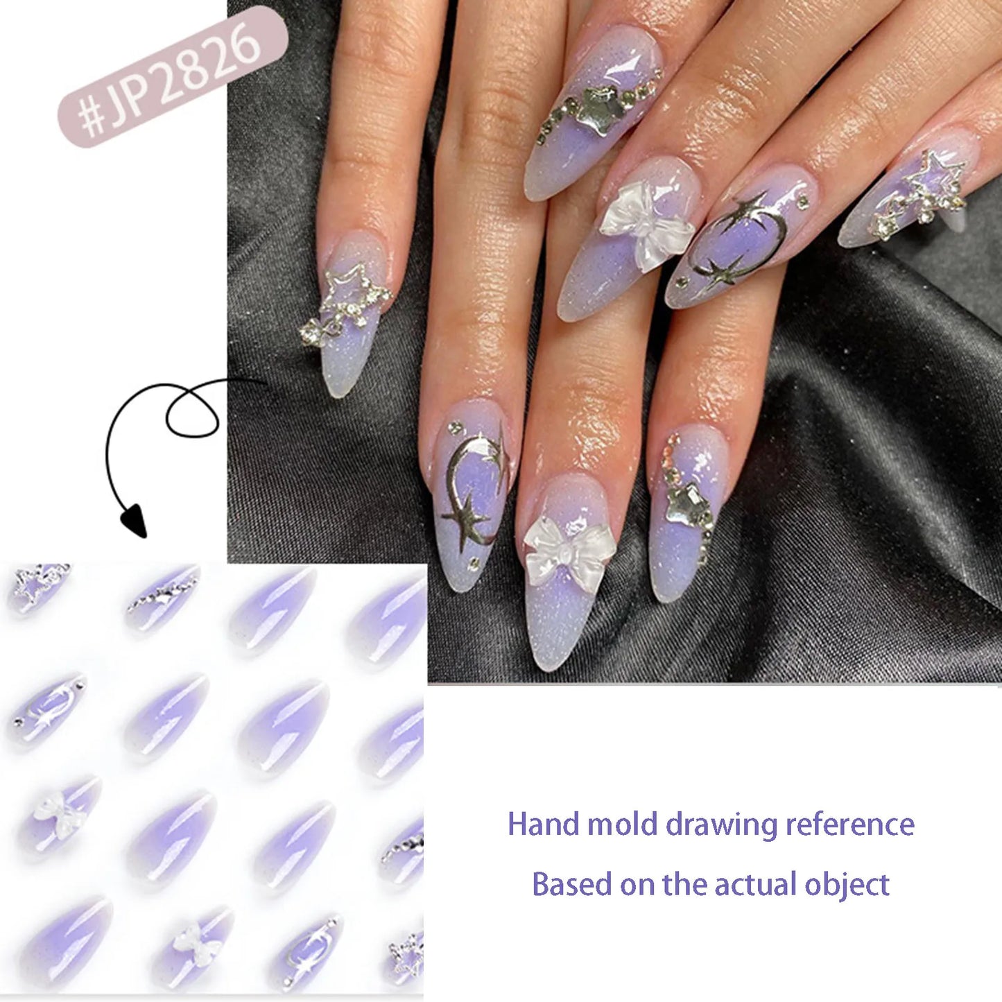 Purple Almond False Nail White Bowknot Shiny Rhinestones Artificial Nail For Salon Expert And Women Diy Fashion Nail Art