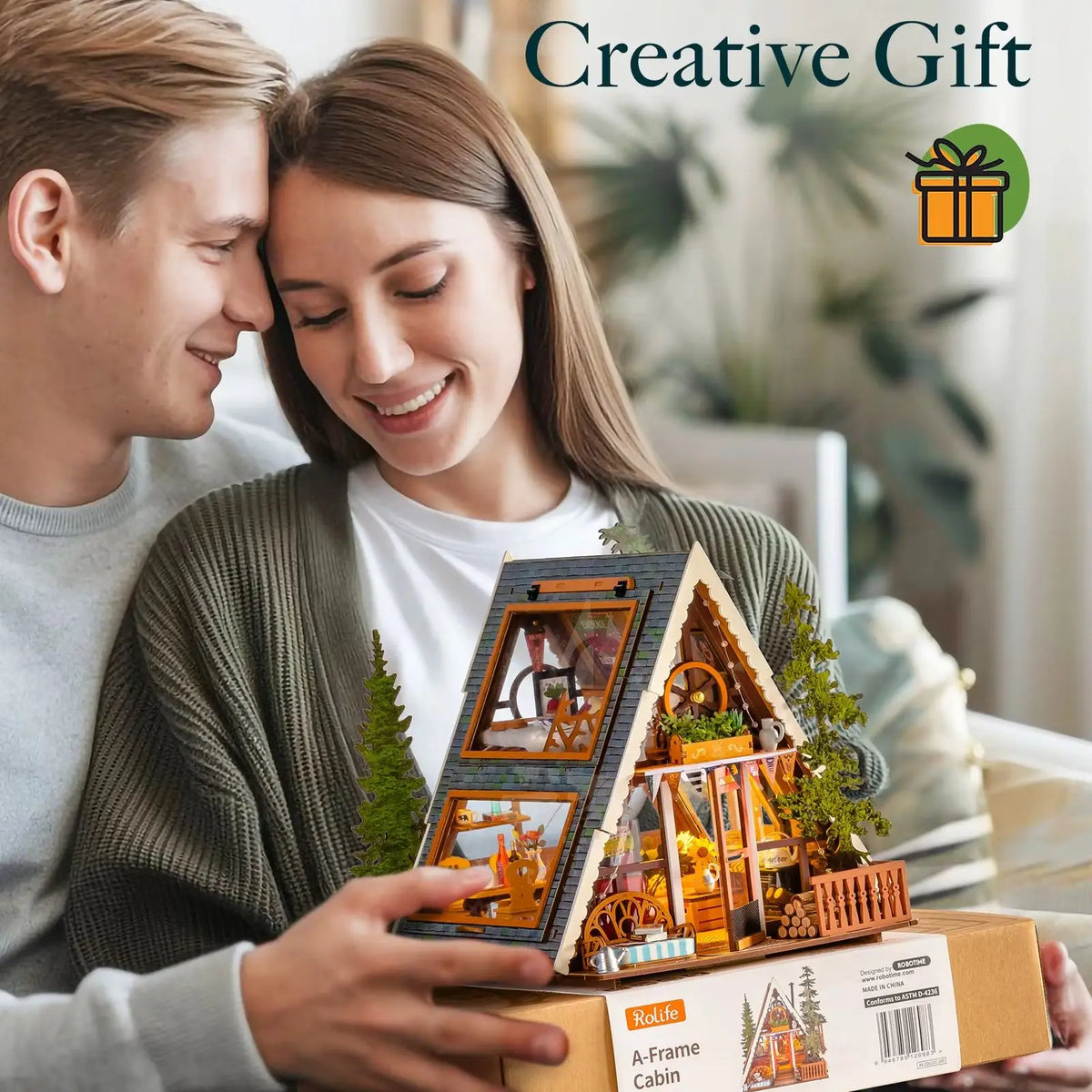 Rolife DIY Miniature House Kit A-Frame Cabin 3D Puzzle Dollhouse Building Model Kit with LED Home Decor Gifts for Adults Friends