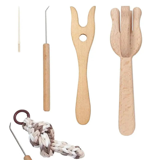 Lucet Tool 4Pcs Braided Tools For DIY Knitting Crafts Portable Knitting Fork Set With Big Eye Needle Wooden Fork Braider And