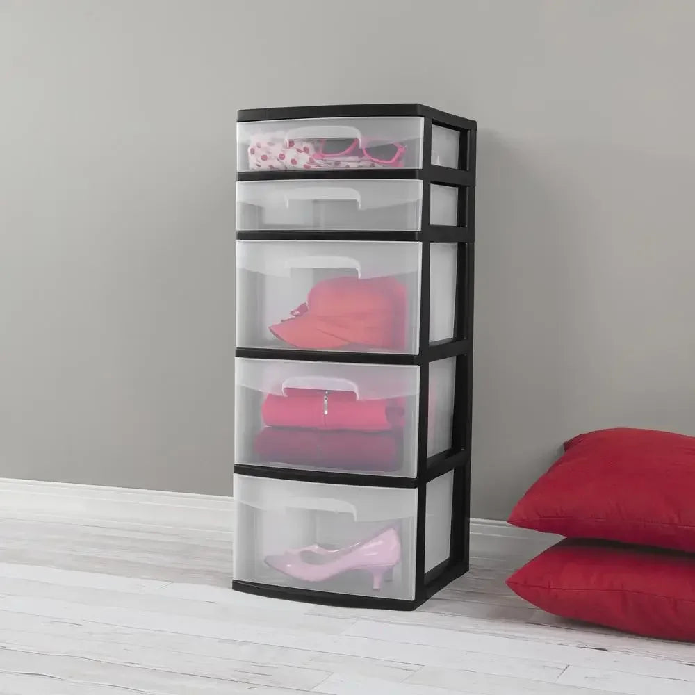 5-Drawer Plastic Storage Tower Black Clear Drawers Organizer Art Supplies Crafting Home Storage Closet