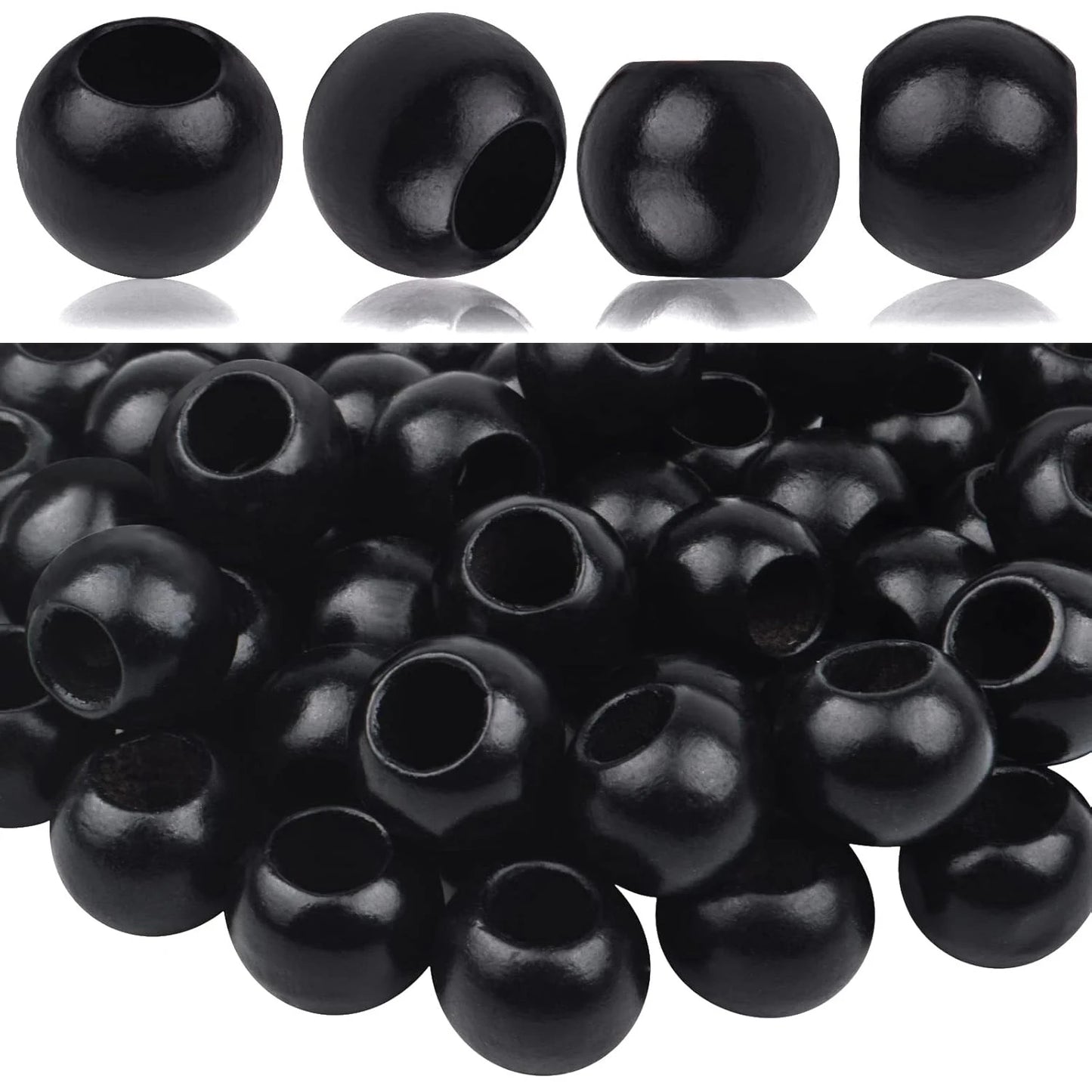 50pcs Black Wooden Beads Round Wood Beads Natural Wood Macrame Loose Beads with 10mm Large Hole for DIY Crafts Jewelry Making