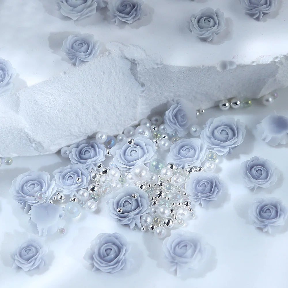 30pcs 3D Mixed Size Pearl Resin Flower Rose Nail Charms Accessories Pink Rose Red Nail Art Luxury Decoratons Supplies Parts DIY
