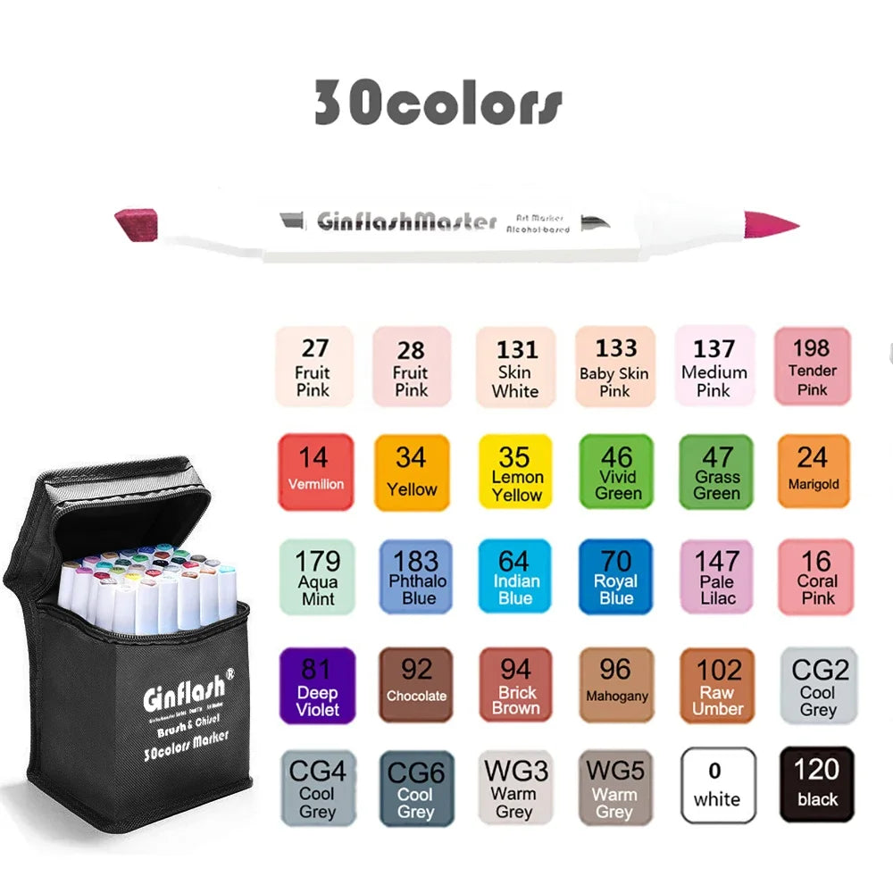 Ginflash Soft brush & Chisel Art Markers Brush Pen Sketch Alcohol Based Markers Dual Head Manga Drawing Art Supplies