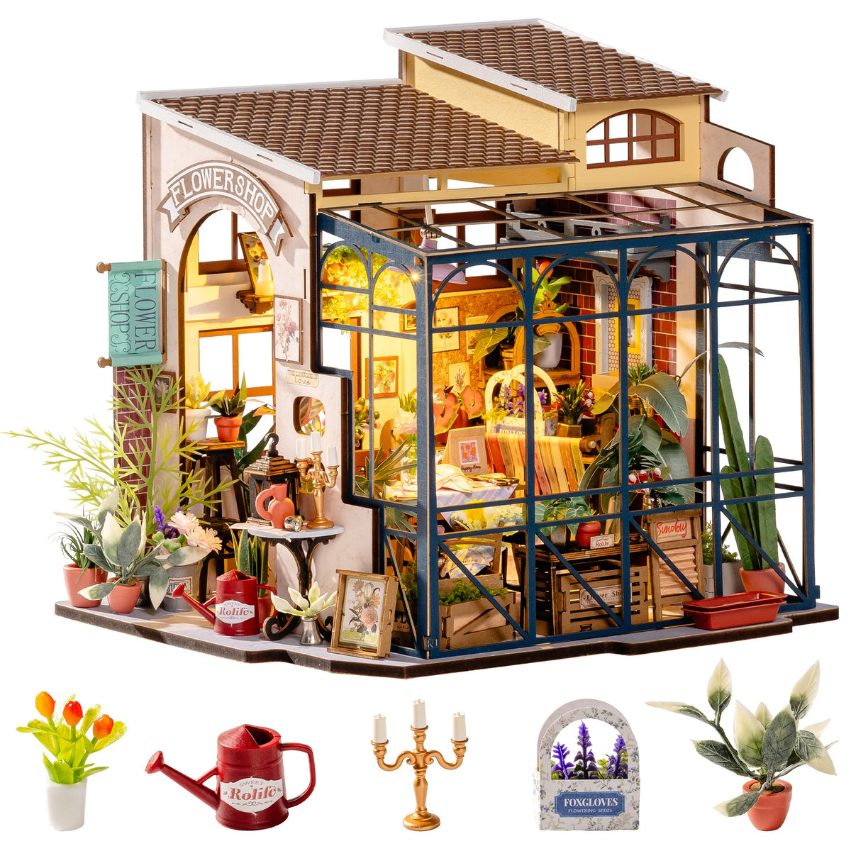 Rolife Wooden Dollhouse 3D Puzzle Toys Emily's Flower Shop DIY Miniature House Model Building Kit with LED Light for Home Decor Holiday Gift for Friends Adults