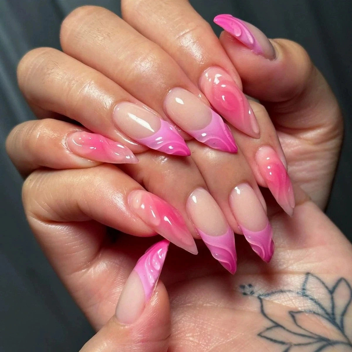 Pink Almond False Nails Butterfly Ballet Almond False Nails Butterfly Ballet with French Design Wearable Fake Nails Simple Artificial Press on Nails Tips Art 24Pcs
