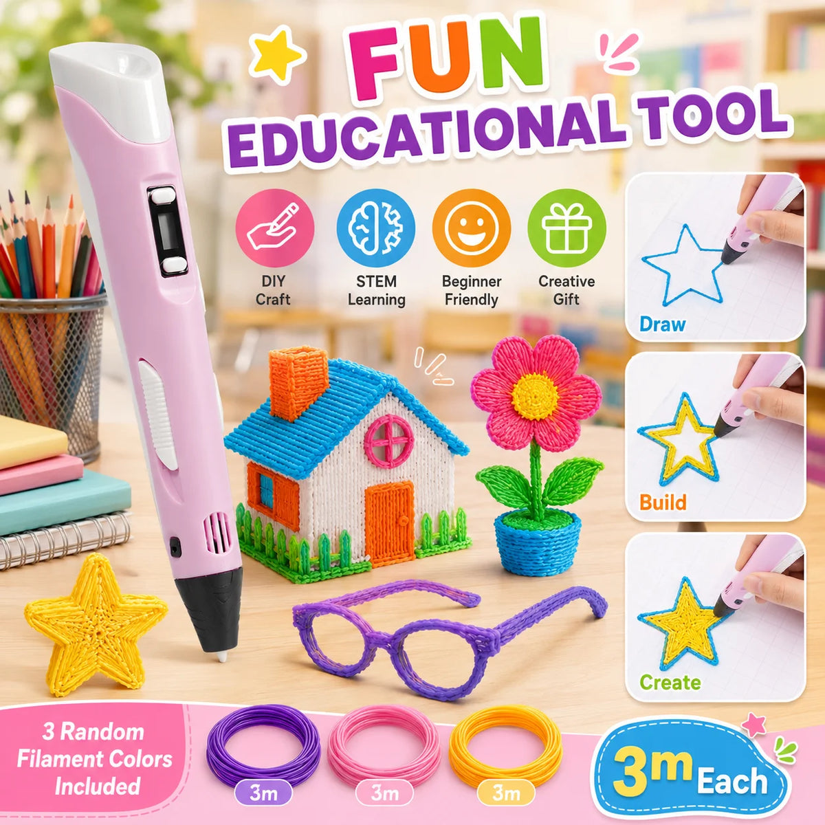 3D Printer Pen Kits LED Screen PLA Filament 3D Drawing Tool Kids Art Craft Set 3D Doodler Pen with Refill Material Creative Educational Toy for Boys Girls DIY Projects Birthday Gift School Home Craft Supplies Easy Use Starter