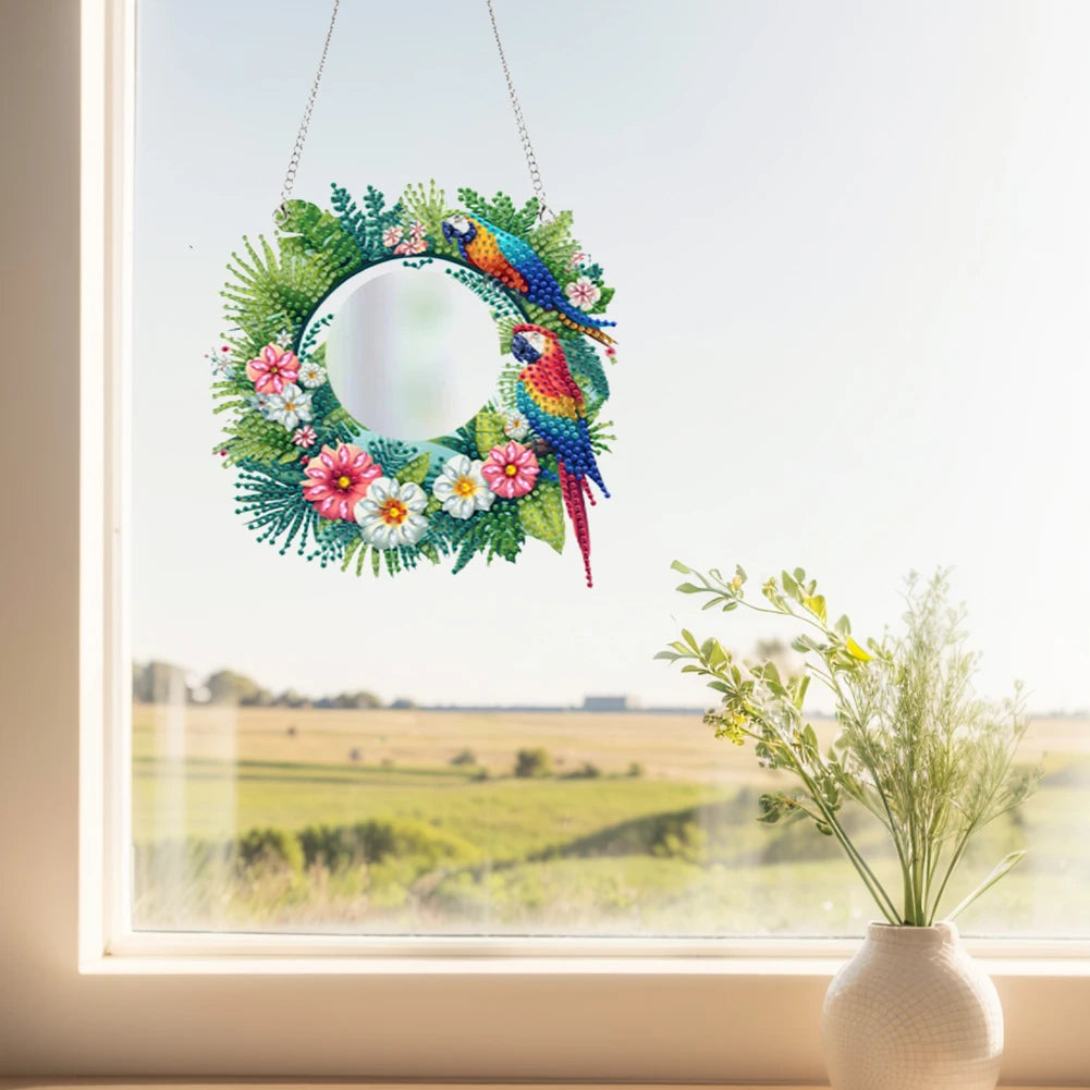 2D Flat DIY Sunflower Parrot Hanging Mirror Diamond Art Kits Wall Door Decoratio