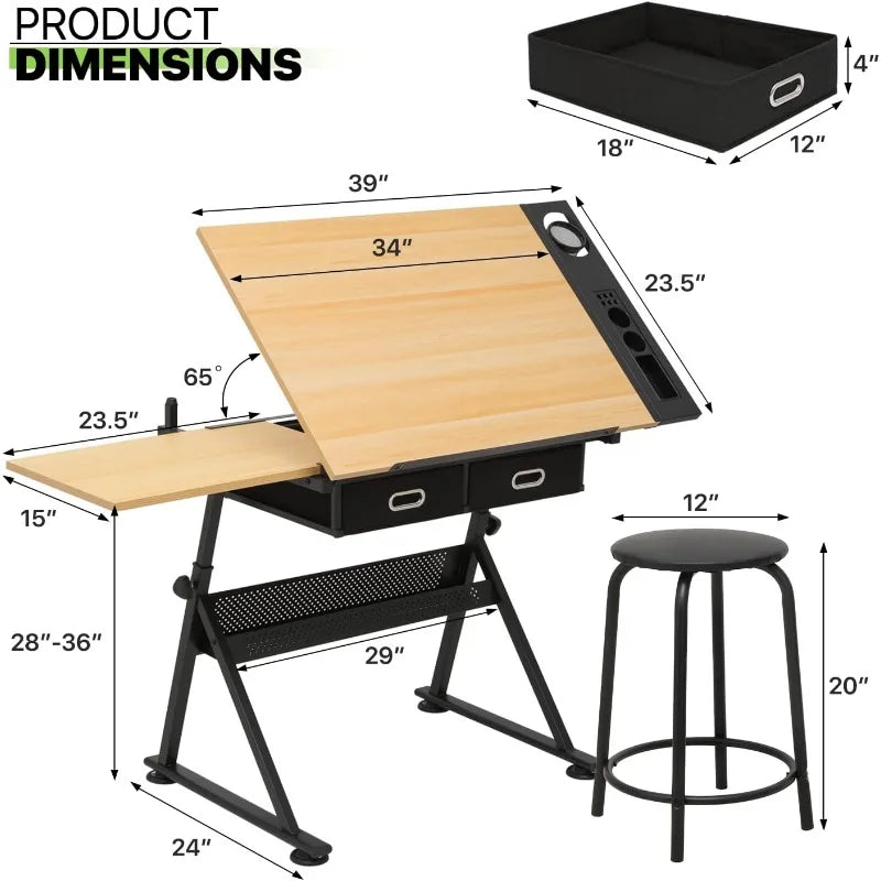 Drafting Table Set Adjustable Height Artist Desk with Tilting Wooden Tabletop and Sliding Desktop, Multifunctional Art Desk