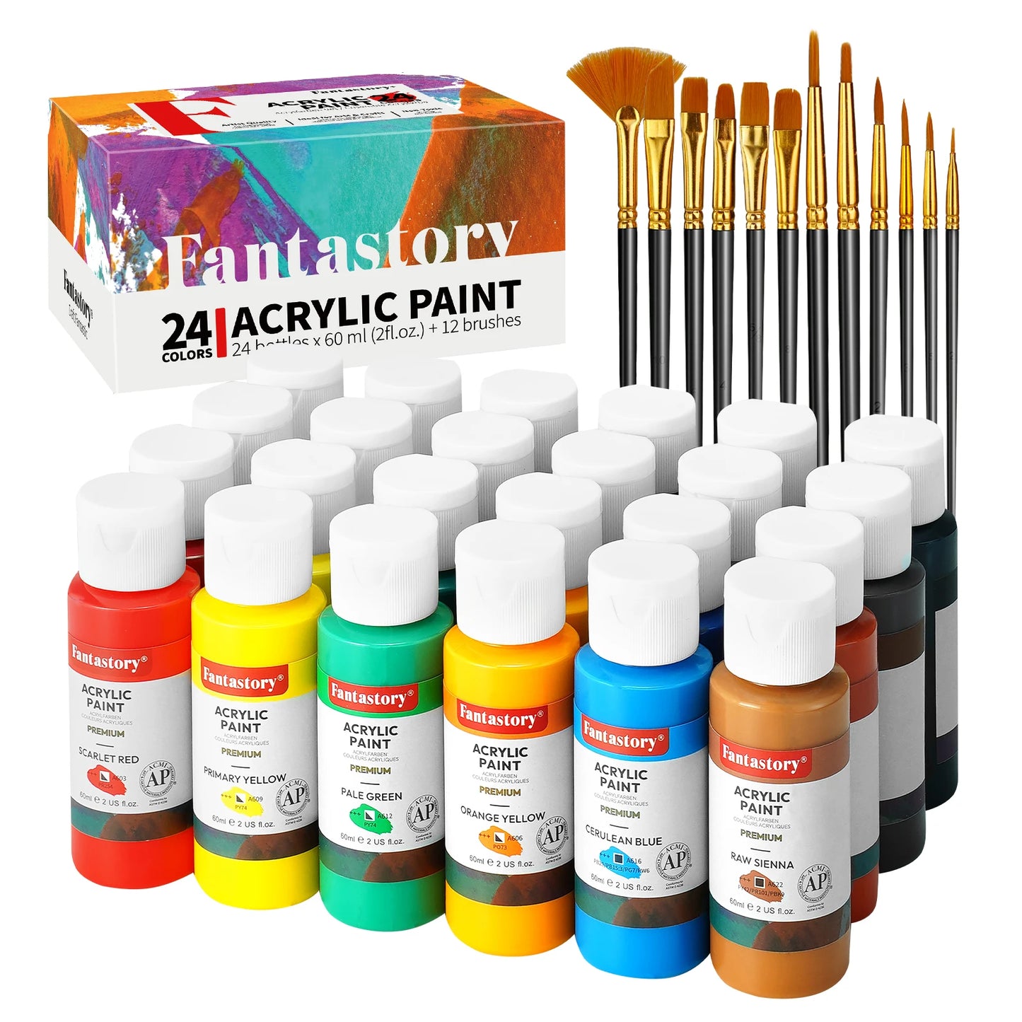 Fantastory Acrylic Paint Set - 24 Colors 2oz Each + 12 Professional Brushes, Ideal for Canvas, Glass, Wood, Ceramics & Models