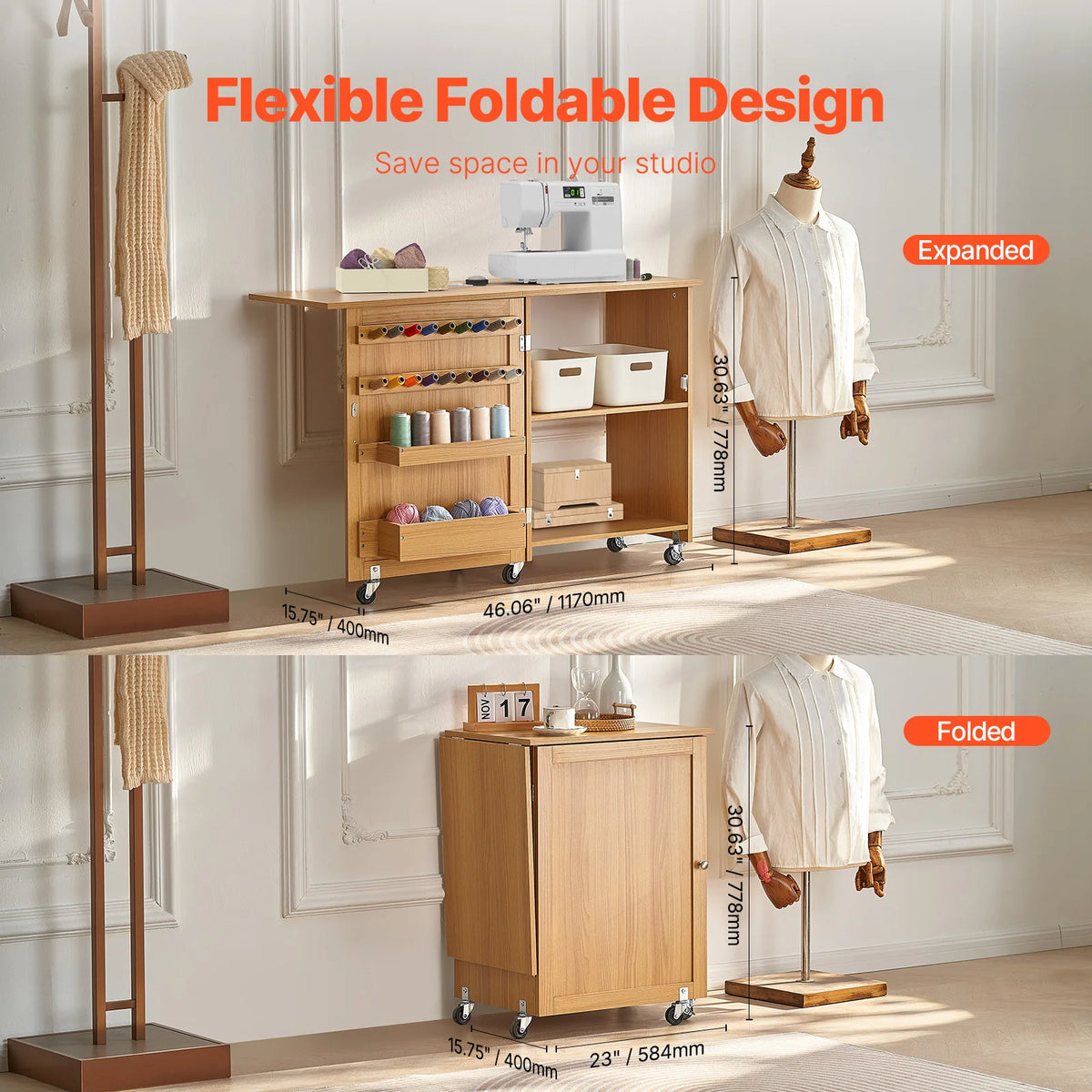 SucceBuy Multipurpose Folding Sewing Machine Table w/ Compact Design Wheels Shelves Storage Trays Wooden Pegs and Magnetic Doors
