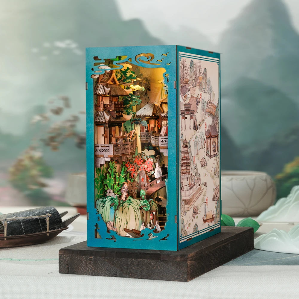CUTEBEE Antiquity Book Nook Chinese Style Doll House Kit with Touch Light Dust Cover Bookshelf Insert Toy Su Dongpo's Life