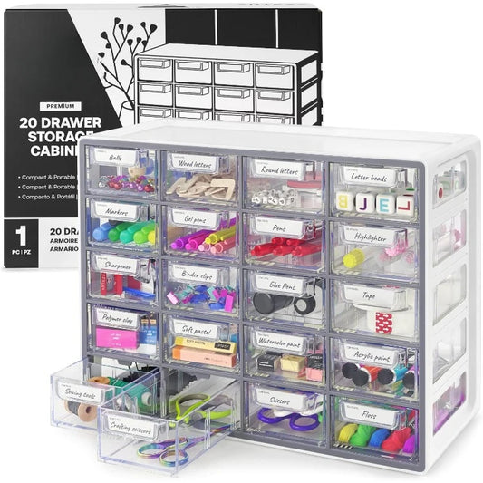 Organizer Box –Compact 20-Drawer Pens, Clips, Sewing & Craft Supplies – High-Impact Plastic,