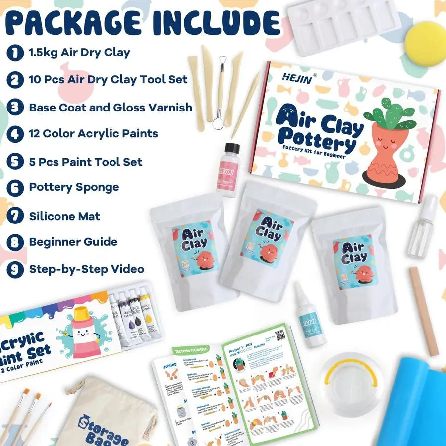 Dry Clay Kit for Adults, 3.3Lbs 30PCS Pottery Craft Kit for Beginners, Sculpting Tools Set amp Step by Step Guide, 12 Paints, Pain