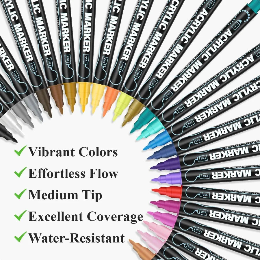 Acrylic Paint Markers 24 Colors Paint Pens Acrylic Markers for Rock Painting Wood Ceramic Glass DIY Crafts and Art Supplies.