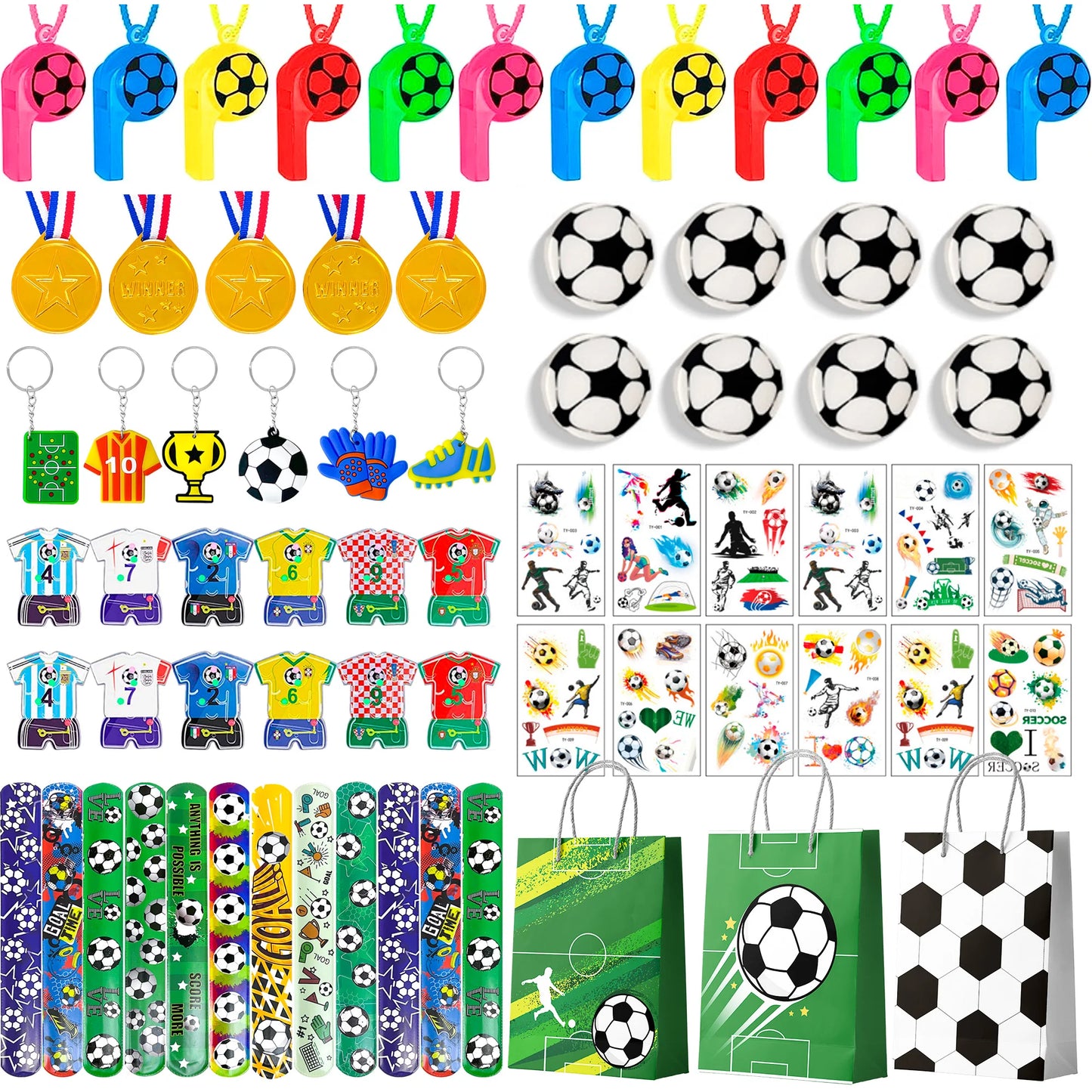 Soccer Favors,96pcs Soccer Party Favors for Kids Including Soccer Slap Bracelets Stickers Medals Keychains Bags Maza Toys etc