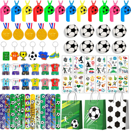 Soccer Favors,96pcs Soccer Party Favors for Kids Including Soccer Slap Bracelets Stickers Medals Keychains Bags Maza Toys etc