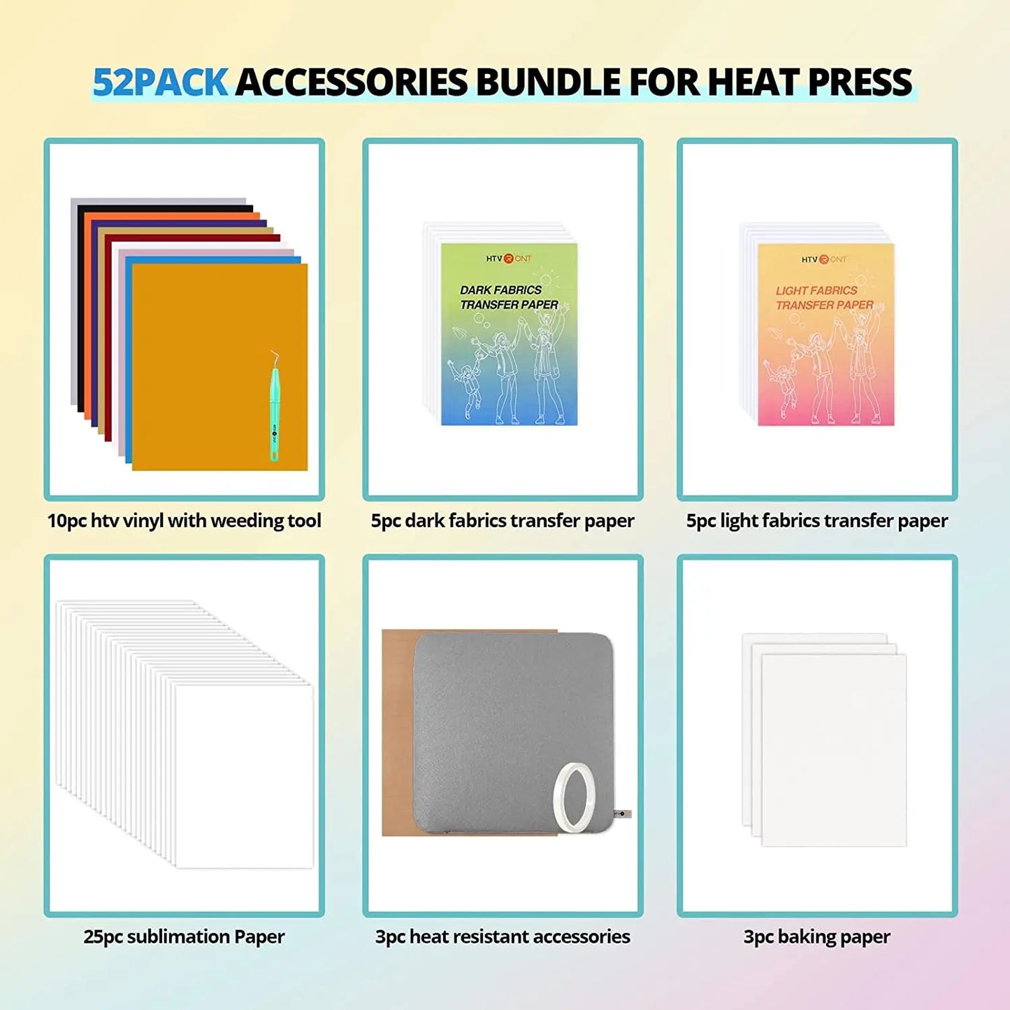 HTVRONT 52pcs Heat Press Supplies Accessories for Beginners Cricut Clothing T-shirtSublimation Paper Pad Kits