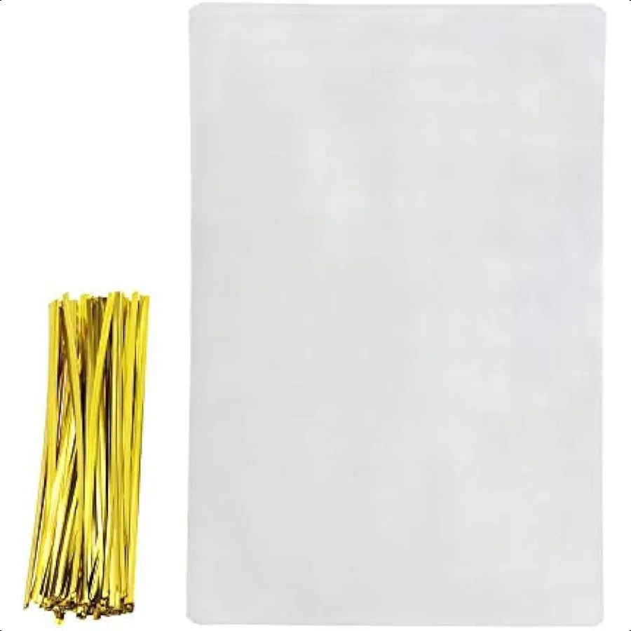8" x 12" Clear Treat Bags OPP Cello Cellophane Flat Bag With 50Pcs Gold Color Twist Ties For Wedding Gift Candy Cookie Bakery B