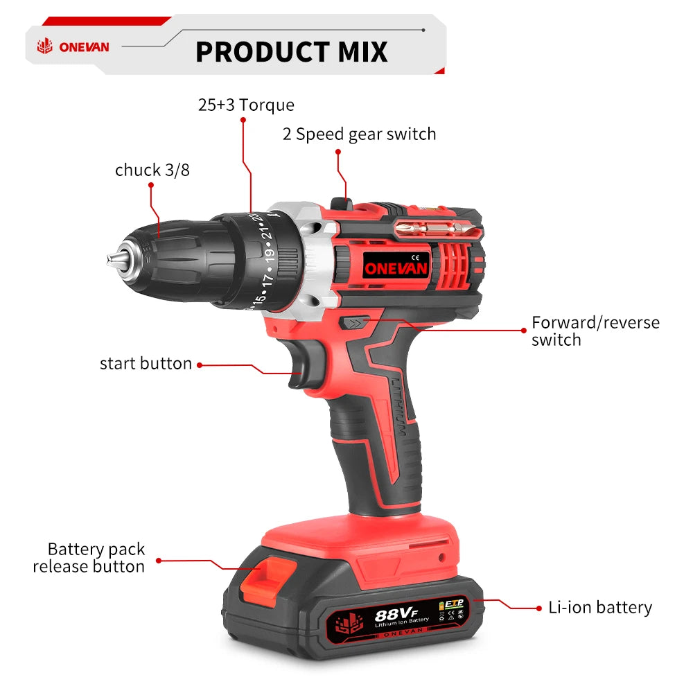 ONEVAN 10mm Cordless Electric Drill Driver Rechargeable Impact Hammer Drill Screwdriver Tools For 21V 18V Battery