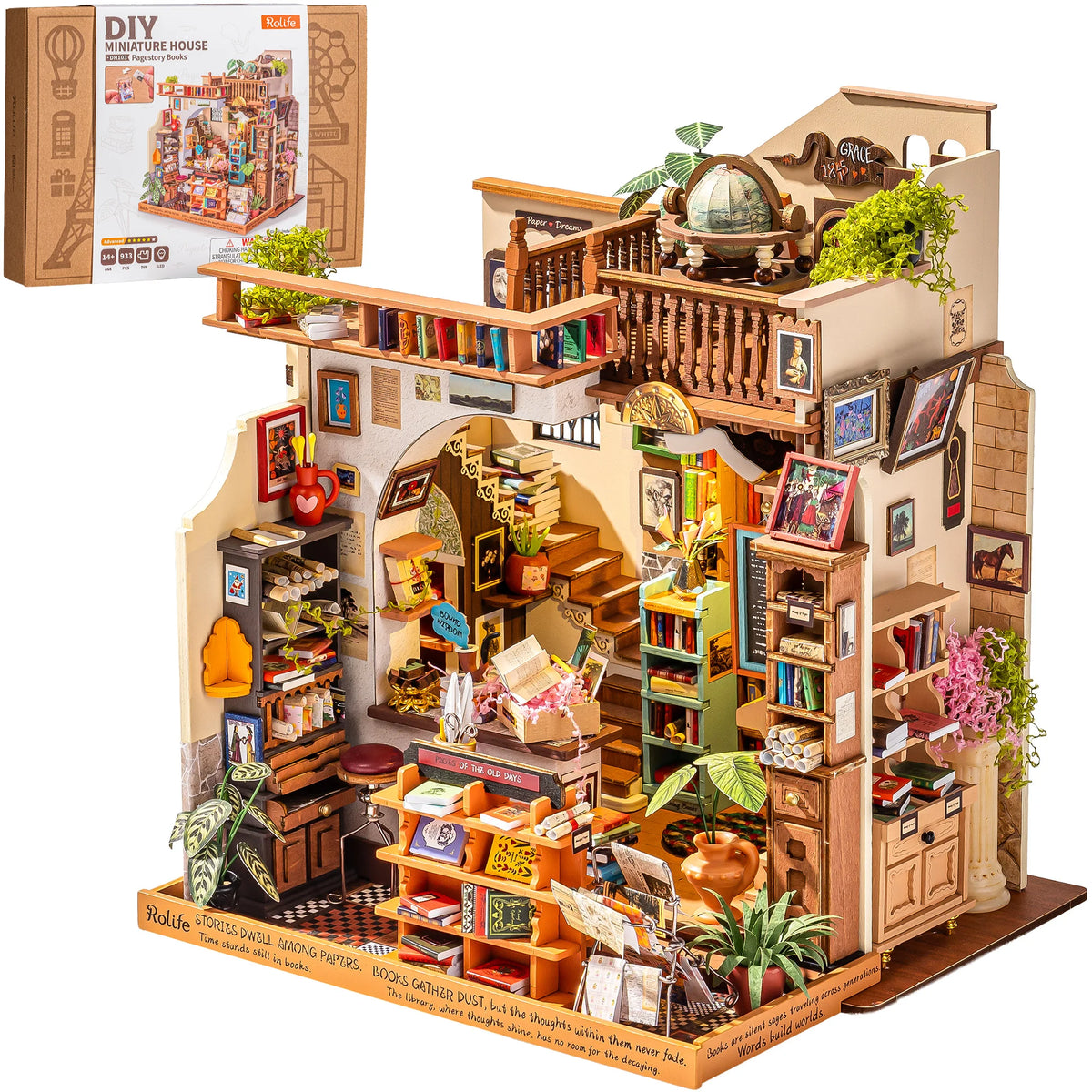 Rolife Wooden Dollhouse 3D Puzzle Pagestory Bookstore DIY Miniature House Craft Kit Kit with LED Light for Bookshelf Decor Brain Teasers Jigsaw Toys Holiday Gift for Book Lovers