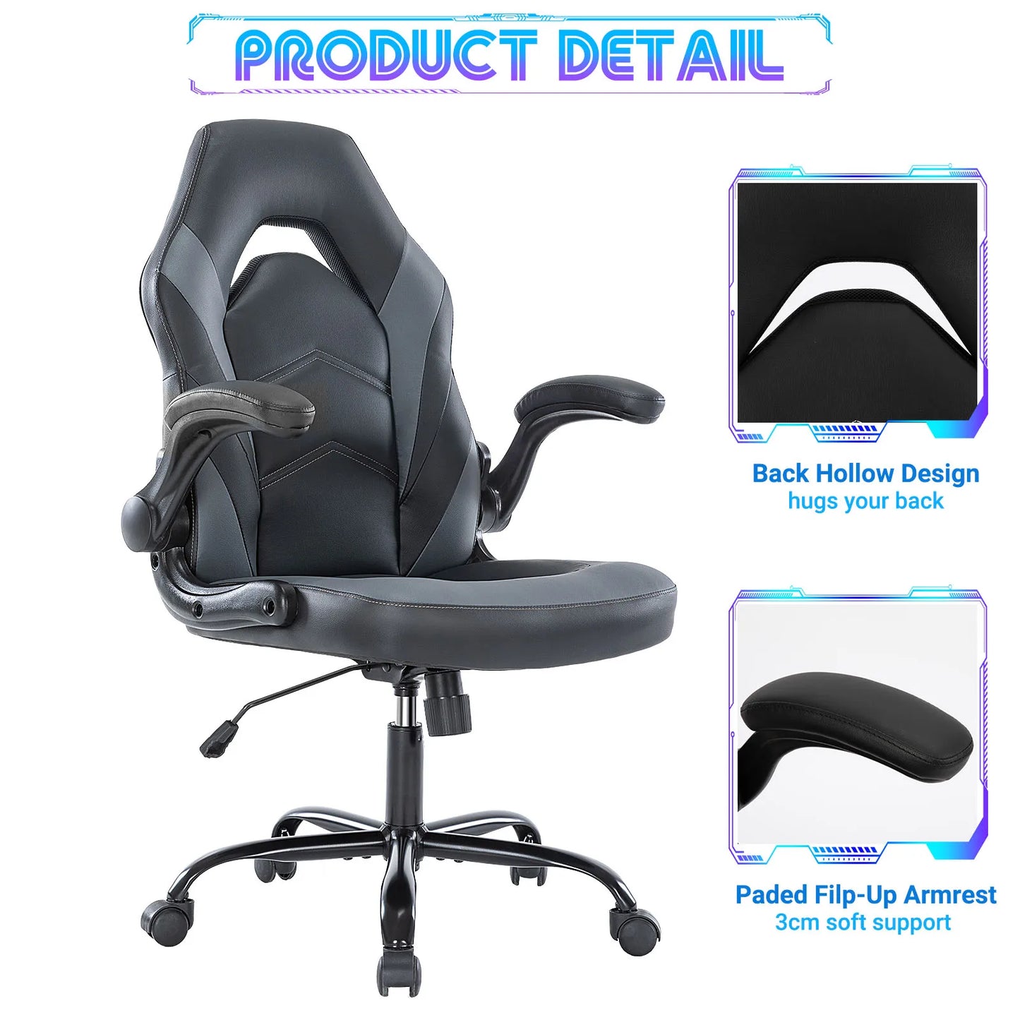 JHK Ergonomic Office Computer Chair Adjustable PU Leather Racing Chair Flip-up Armrest