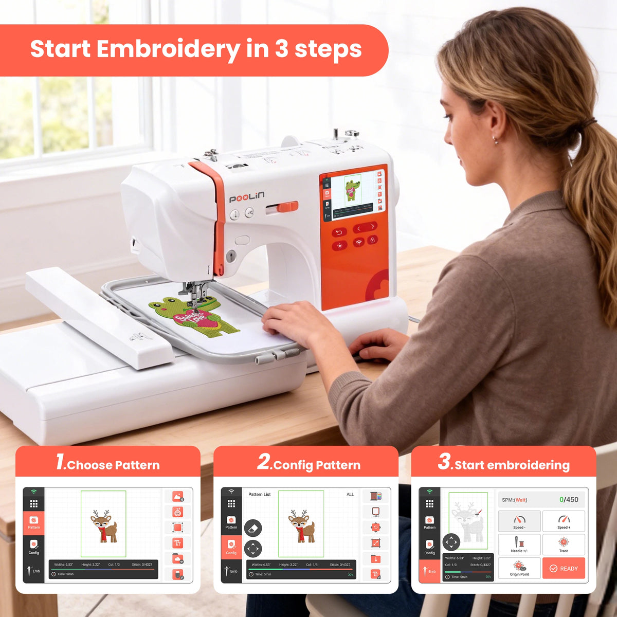 PooLin EOC03RE Embroidery Machine 4x4 & 4x9.25 Embroidery Area for Beginners, Easy Operation System, 130 Built-in Designs, 8 Fonts, Home DIY Embroidery Machine with Starter Kit for Beginners
