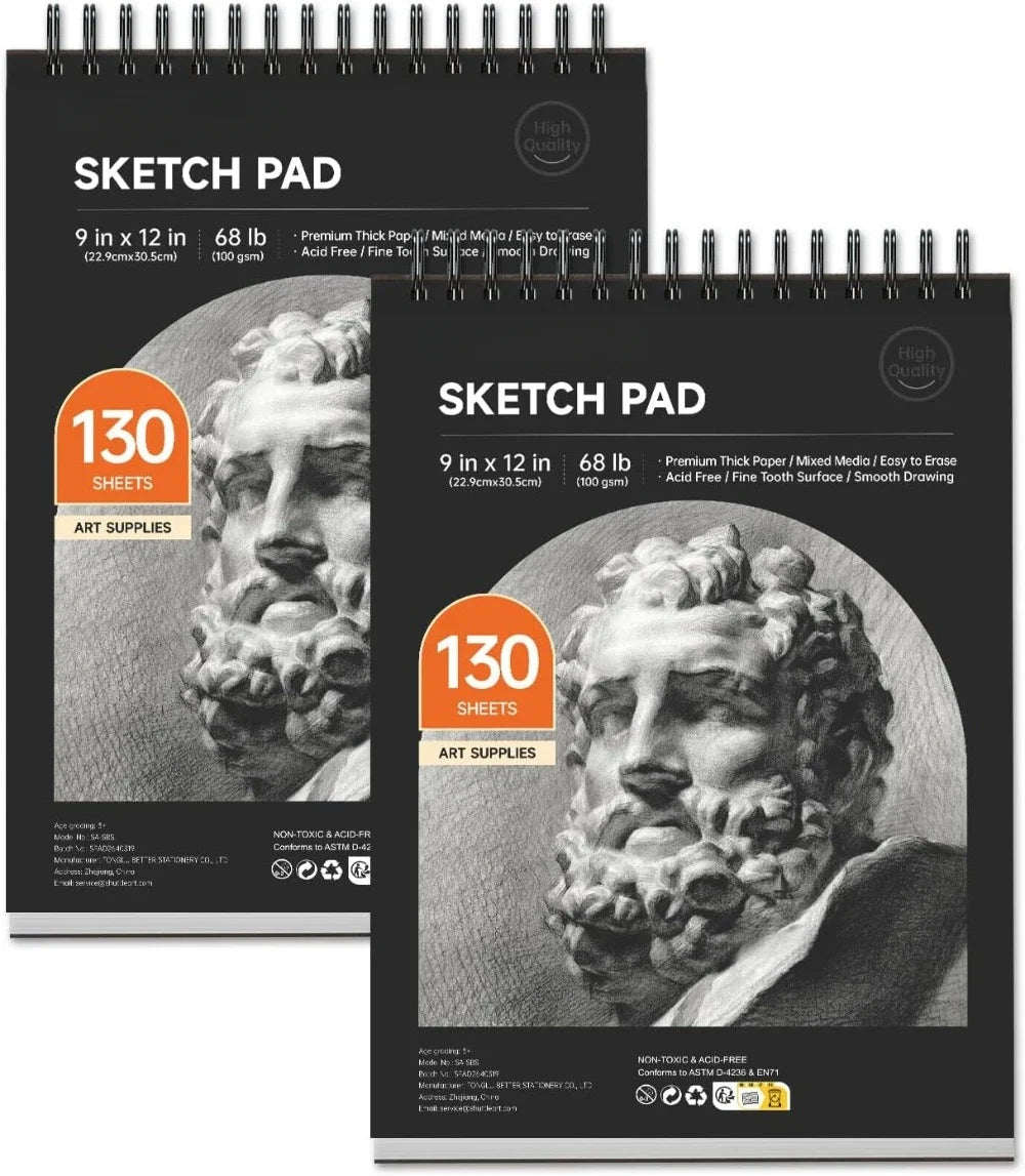 9"x12" sketchbook, 260 sheets (68 lb/100 g/m²) drawing pads, 2 packs, 130 sheets each, spiral bound sketchbook