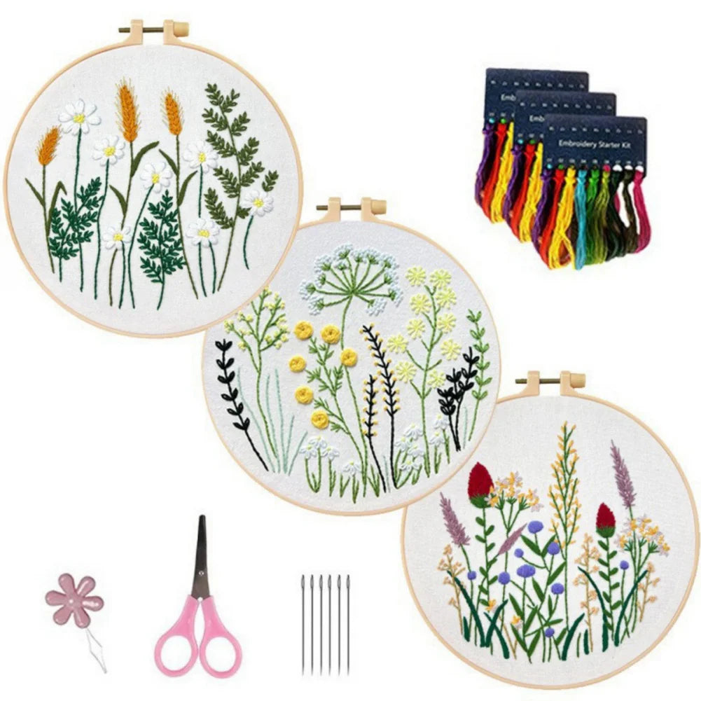 3pcs/set DIY Embroidery Starter Kits with Floral Flower Patterns Kit for Beginners Fabric Cross Stitch Kits for Adults