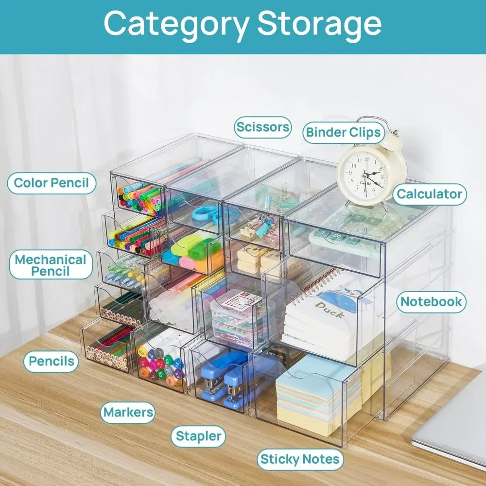 Acrylic organizer with 16 drawers (4 sets), clear storage drawers for office supplies, jewelry, crafts