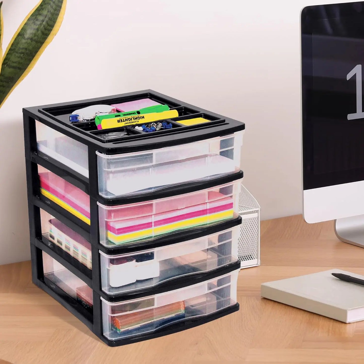 4 Drawer Desktop & Countertop Organizer W/Organization Lid For Craft Storage, Office Supplies & School Supplies, Black/Clear (4