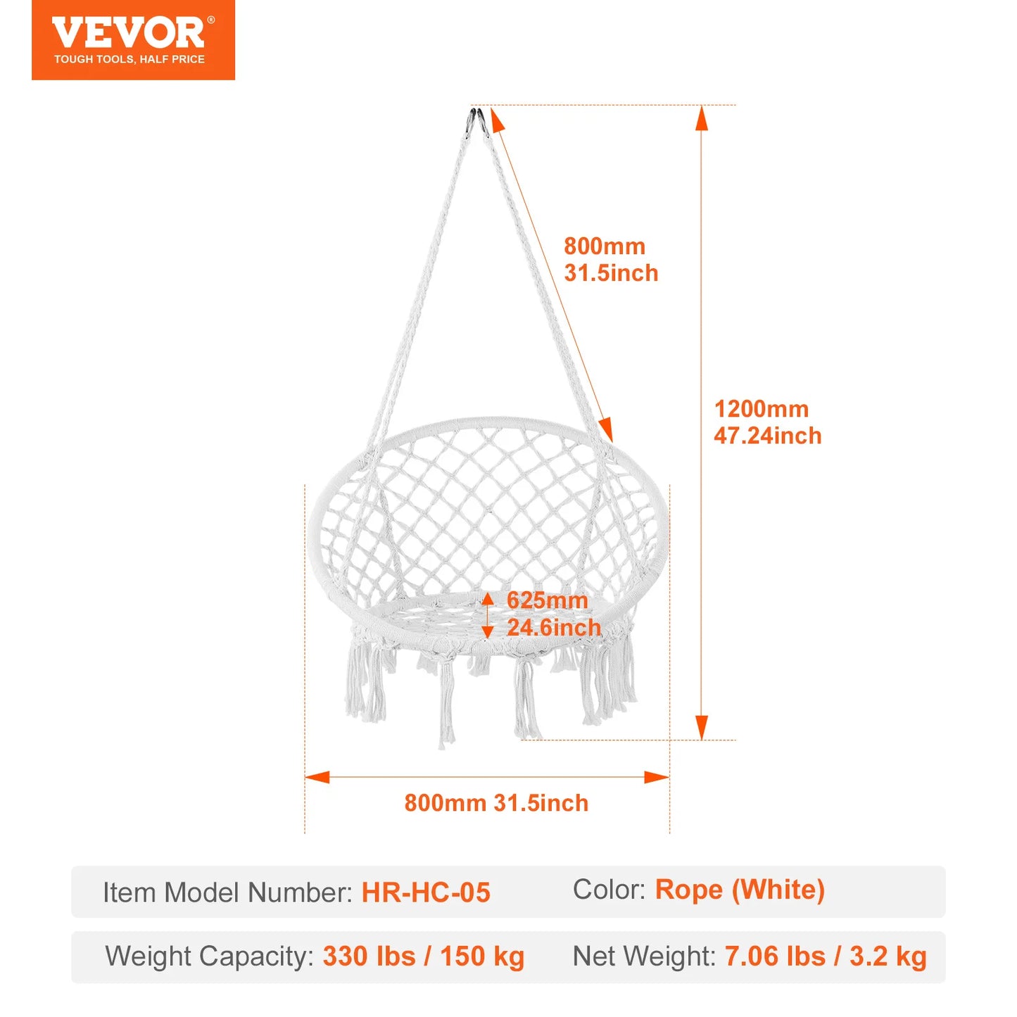 VEVOR Hanging Hammock Swing Chair 330 lbs Macramé Hanging Chair Cotton Rope Swing Chair for Bedroom Balcony Patio Garden White