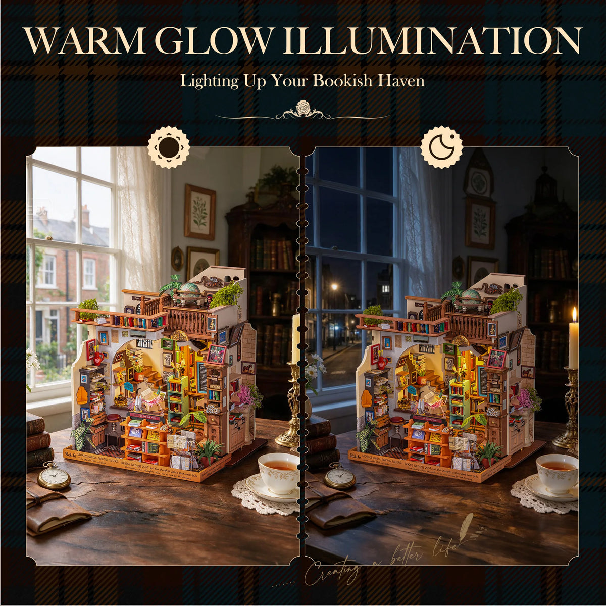 Rolife Wooden Dollhouse 3D Puzzle Pagestory Bookstore DIY Miniature House Craft Kit Kit with LED Light for Bookshelf Decor Brain Teasers Jigsaw Toys Holiday Gift for Book Lovers