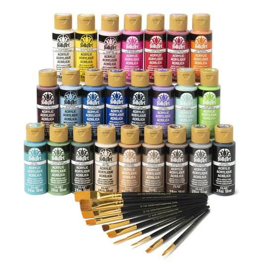 FolkArt Let's Paint Live Acrylic Craft Paint and Paintbrush Set, 34 Pieces
