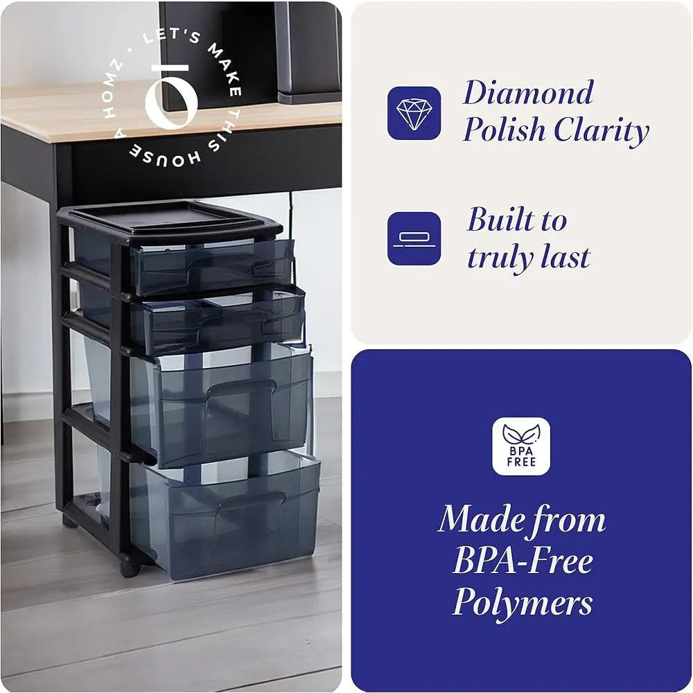 4-Tier Rolling Storage Cart Organizer with Clear Plastic Drawers Durable Craft Holder Easy Transport Cart