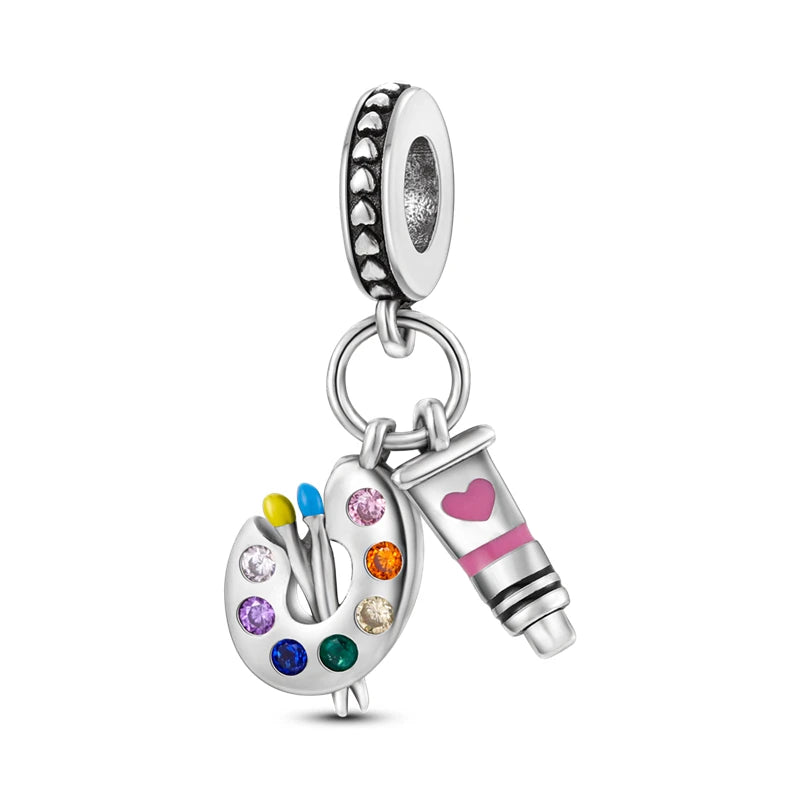 925 Sterling Silver Artist Brush Tools Color Palette Oil Painting Charms Beads Fit Original Bracelets DIY Jewelry Gifts