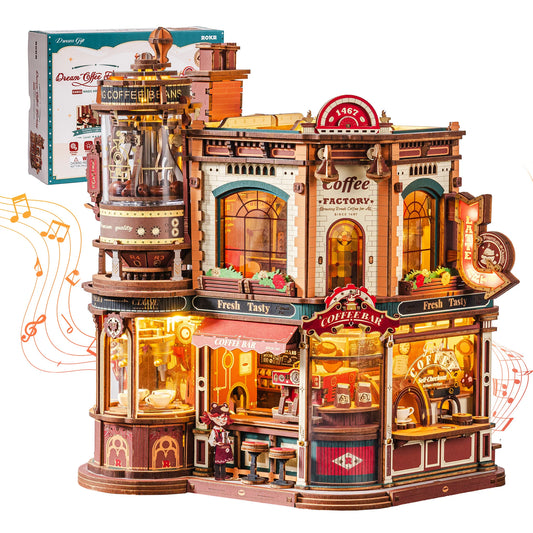 ROKR Wooden 3D Puzzle Dream Coffee Factory Music Box Model Building Kit 593-piece DIY Miniature House Kit with LED Light Unique Home Decor Gift for Adults Women