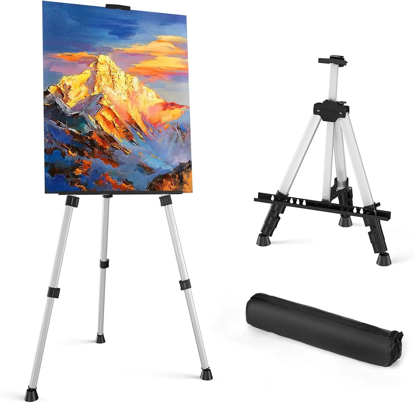 Portable adjustable aluminum metal tripod display easels ranging in height from 17 to 66 inches for tabletop/floor painting