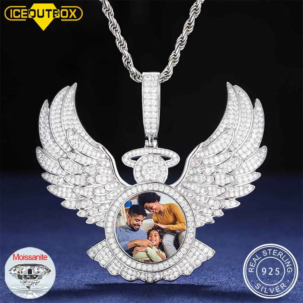 New Custom Memorial Picture Pendant Necklace Angel Wing Custom Photo Engrave Name Iced Out Medallions Pendant Hip Hop Jewelry