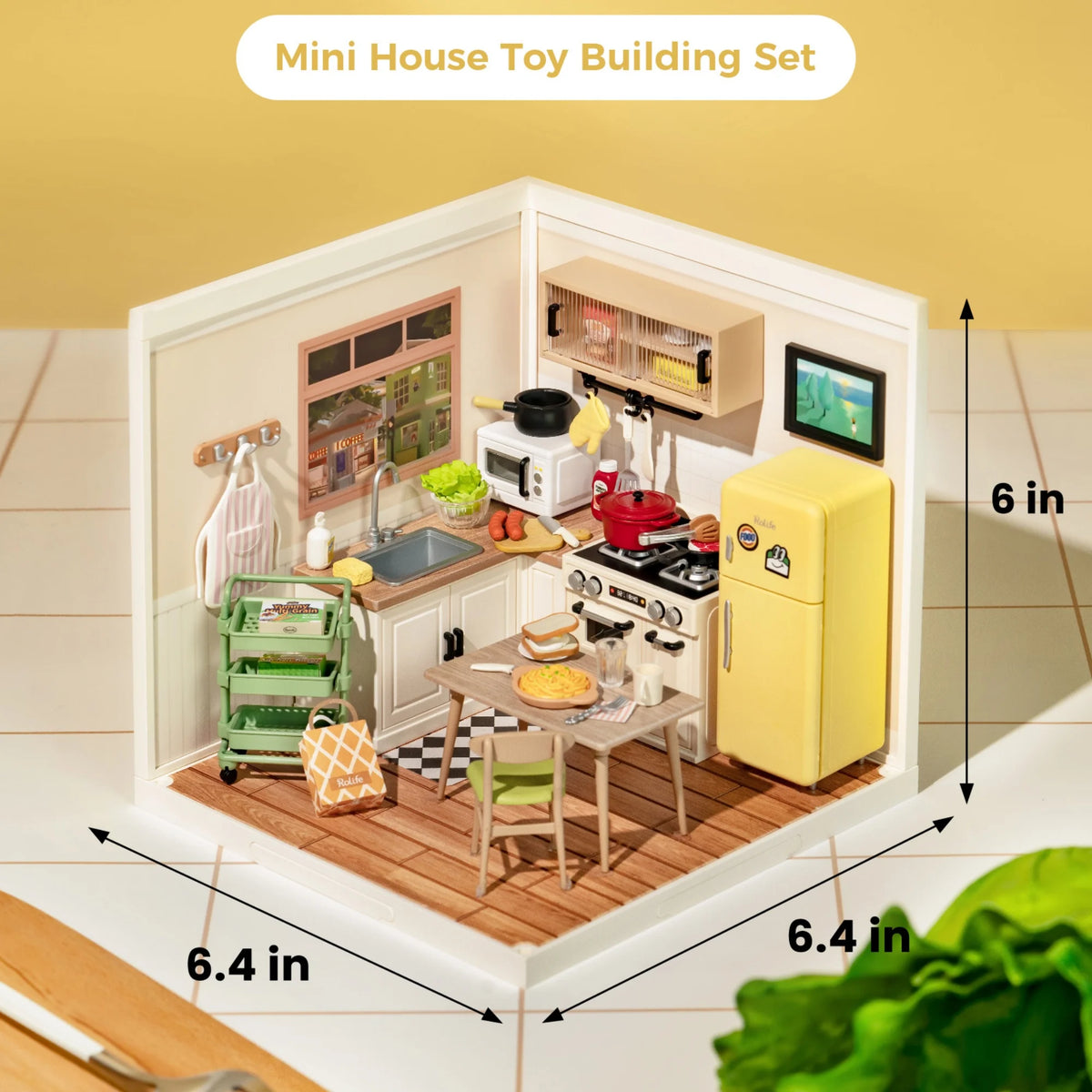 Rolife DIY Miniature House Kit Happy Meals Kitchen Super Creator Dollhouse 3D Puzzle Model Building Kit with LED for Desk Decor