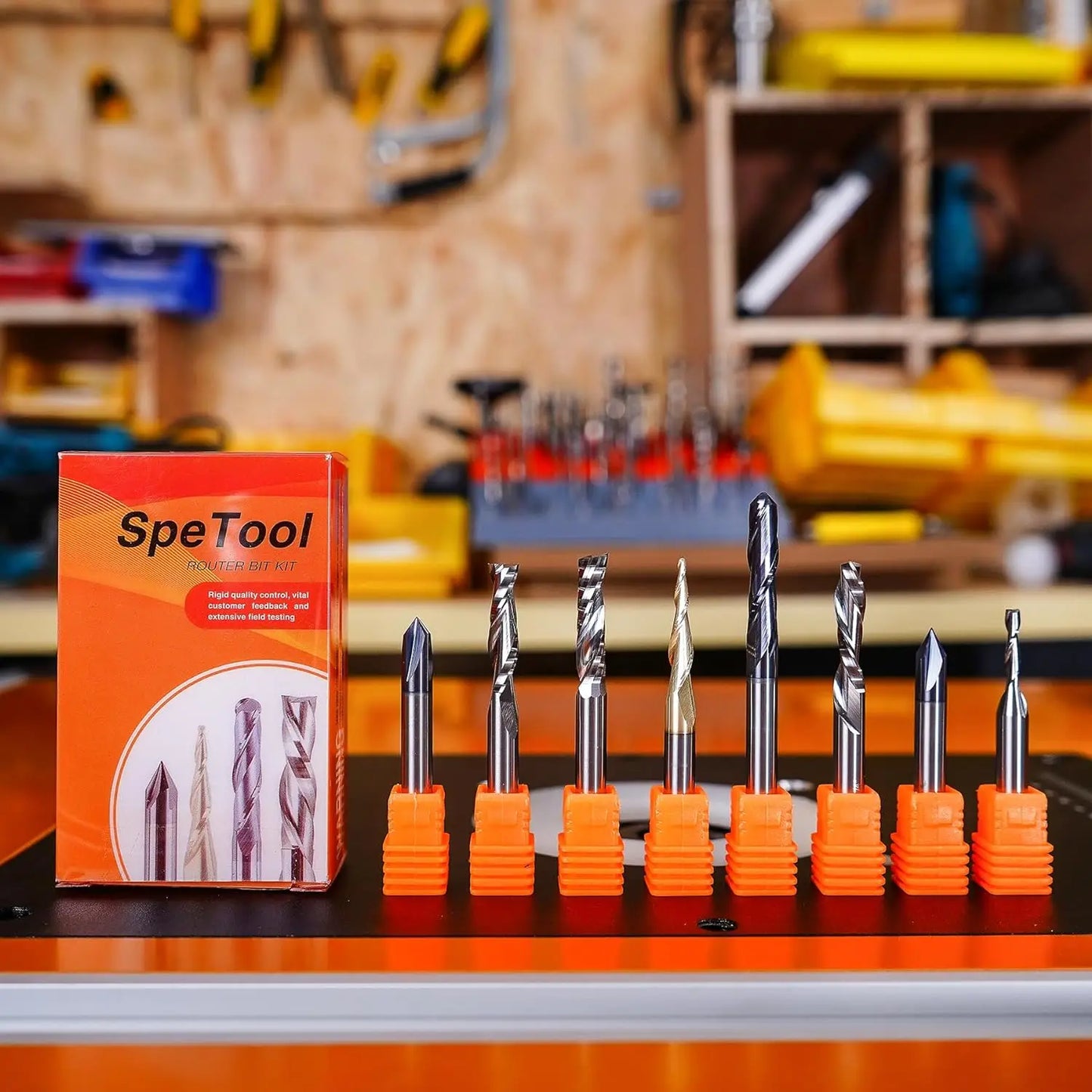 SpeTool 8Pcs Carbide CNC Router Bits Set 1/4 Inch Shank for Woodwork Detail Carving Trimming V Groove Engraving Slotting Mortise