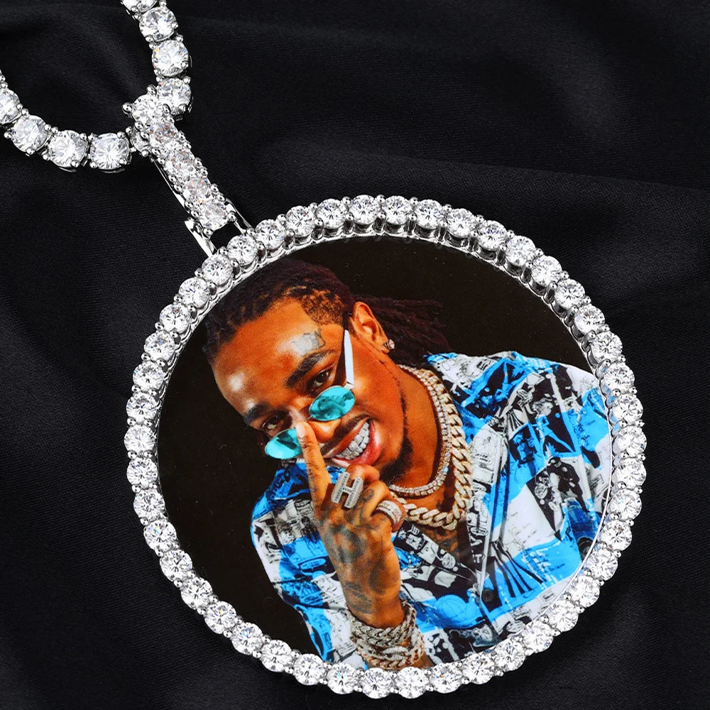 Hip Hop Custom Made Photo Iced Out Bling Cubic Zircon Round Necklace & Pendant For Men Jewelry With Tennis Chain