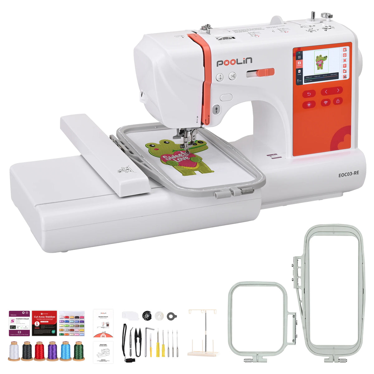 PooLin EOC03RE Embroidery Machine 4x4 & 4x9.25 Embroidery Area for Beginners, Easy Operation System, 130 Built-in Designs, 8 Fonts, Home DIY Embroidery Machine with Starter Kit for Beginners