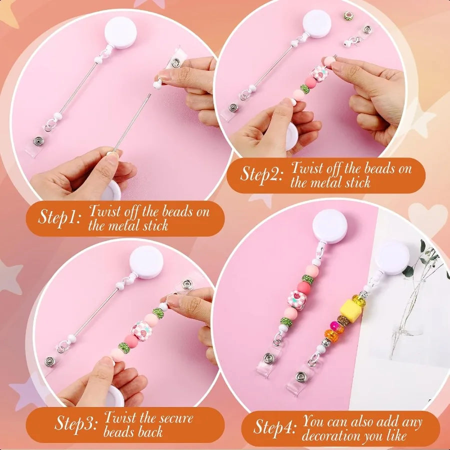 12 Pcs Bead able DIY Badge Reel Kit Retractable ID Name Badge Reel Clips Holder