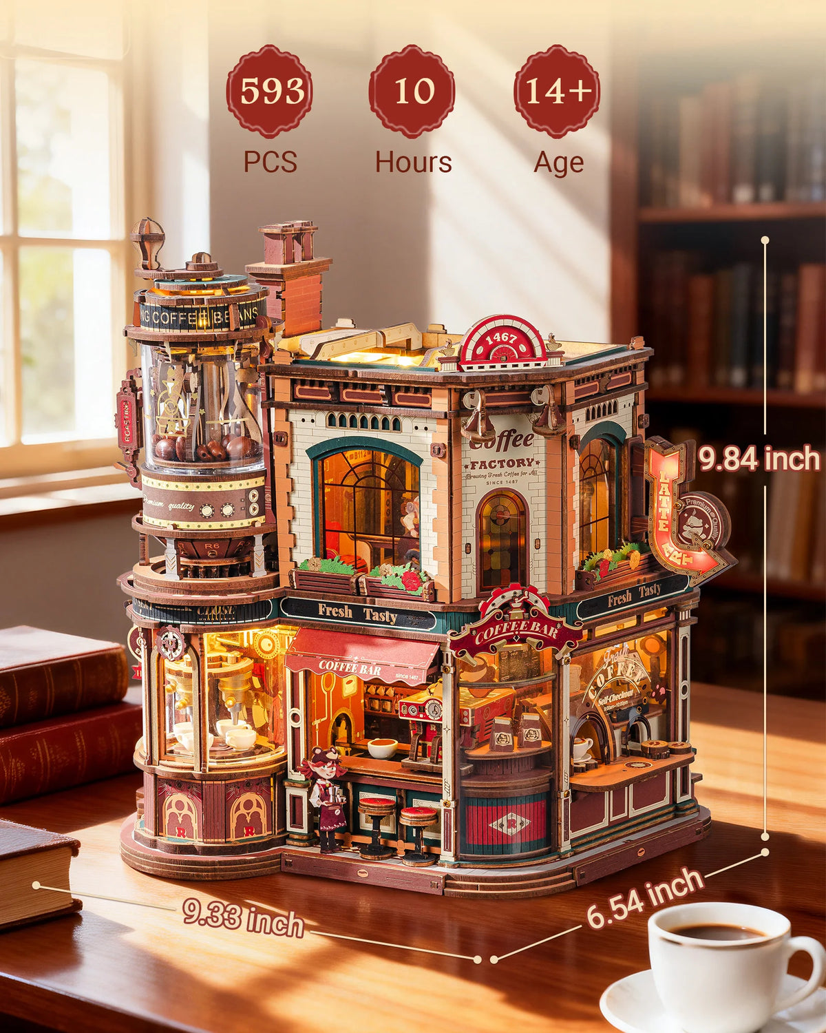 ROKR Wooden 3D Puzzle Dream Coffee Factory Music Box Model Building Kit 593-piece DIY Miniature House Kit with LED Light Unique Home Decor Gift for Adults Women