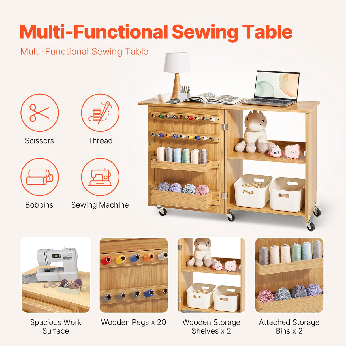 SucceBuy Multipurpose Folding Sewing Machine Table w/ Compact Design Wheels Shelves Storage Trays Wooden Pegs and Magnetic Doors