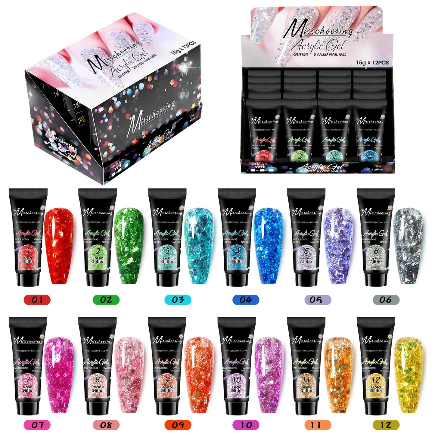 Poly Nail Gel Kit 12 PCS Diamond Poly Nail Gel Colors Nude Yellow Red Green Purple Blue Pink Glitter Poly Nail Gel Poly Extensio